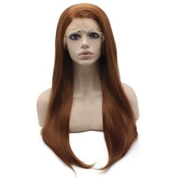 Long Auburn Wig Silky Straight Heat Resistant Synthetic Hair Lace Front Wig Natural