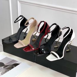 Designer brand dress shoes Irregular heels sandal quality leather patent leather metal letter heel women wedding party banquet dress shoes with box size 35-40