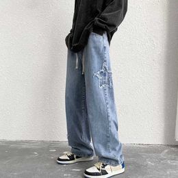 Men's Jeans Elastic Waist Men Jeans Ins Fashion Embroidery Denim Trousers Plus Size Baggy Wide Pants Casual Bottoms Vintage Y2K Male Clothes Z0301