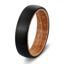 Wedding Rings Poya Whiskey Barrel Wood Sleeve 6mm Brushed Domed Black Tungsten Ring