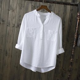 Women's Blouses 2023 Spring Summer Causal White Women Shirts V-neck Loose Cotton Office Lady Elegant Double Pocket Blouse Tops