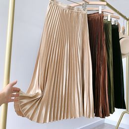 High Waist Satin Pleated Skirt SS0036 Autumn Solid Colour Black Pink Blue White Long for Women 230301