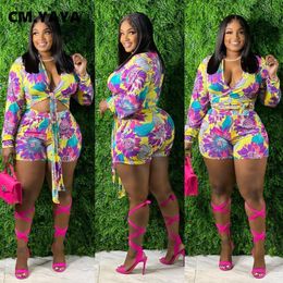 Women's Two Piece Pants CM.YAYA Sunflower Women Two 2 Piece Set Outfit Sweatsuit Summer Tie Neck Shirt Top and Shorts Matching Set Street Tracksuit 230301