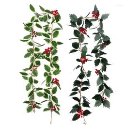 Decorative Flowers 2M Artificial Holly Leaves Red Berries Vine Christmas Rattan DIY Garland Xmas Tree Hanging Ornaments Home Decoration