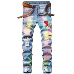 Men's Jeans New Casual Coloured Splash Ink Colourful Printing Denim Fashion Badge Holes Ripped Pants Patchwork Stretch Trousers Y2303