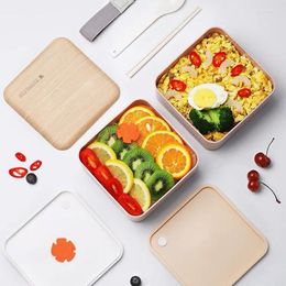 Dinnerware Sets BPA Free Double Layer Lunch Box Set Wooden Style Microwave Bento Square Container For Student Workers