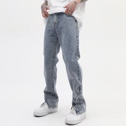 Men's Jeans Ankle Zipper Ripped Washed Retro Mens Jeans Straight Wide Leg Pockets Distressed Casual Denim Trousers Loose Hip Hop Pants 230301