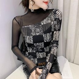 Women's T Shirts 2023 Autumn Long Sleeve Women's Tops Fashion Turtleneck Print Patchwork Mesh T-Shirt Elegant Slim Plus Size Blusas