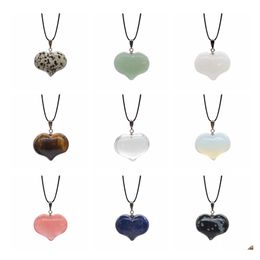 car dvr Pendant Necklaces Fashion Heart Shape Pendants Natural Stone Choker Necklace Tiger Eye Opal Aventurine Leather Chains Reiki Chakra D Dh4O0