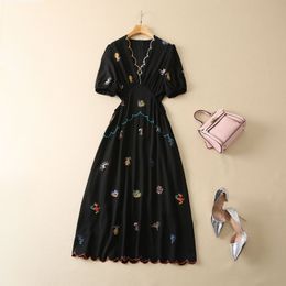 2023 Spring Black Hollow Out Embroidery Cotton Dress Short Sleeve V-Neck Midi Casual Dresses S3F281222 Plus Size XXL