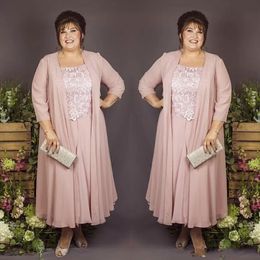 Boho Chiffon Mother Of The Bride Dresses Suits 2023 Pink Long Jacket Lace Applique Ankle Length A-Line Long Wedding Party Dress Plus Size Prom Evening Gowns For Women