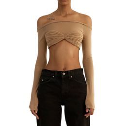 Women Shirts Short Sexy Off Shoulder Frill Front Mesh Long Sleeve Crop Tops See Through Blouses