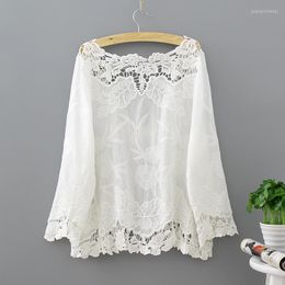 Women's Blouses Hollow Out White Lace Blouse Kimono Summer 2023 Casual Loose Woman Shirt Fashion Full Sleeve Cardigan Women Tops