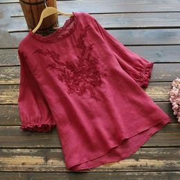 Women's Blouses Embroidery Blouse Women Plus Loose Summer Tops Short Sleeve Solid Color O Neck Bottoming Cotton Tees Ladies Clothes