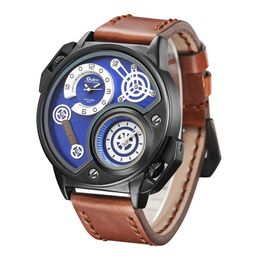 Wristwatches Oulm 3578 Men Quartz Watch Male Genuine Leather Strap Wristwatch Two Time Zone Sports Watches Clock