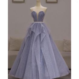 Party Dresses Pretty Long Prom Dress Strapless Sleeveless Shiny Crystals Ruffles Tulle Ball Gown Women Evening Homecoming Elegant Gowns