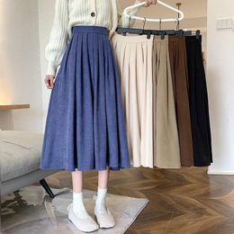 Skirts Biyaby Korean Style High Waist Long Skirt Women College Style Corduroy Pleated Skirts Woman Autumn Streetwear Midi Skirts 230301