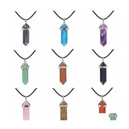 car dvr Pendant Necklaces 12Pcs Natural Stone Hexagonal Pointed Reiki Chakra Necklace Women Girl 18 Genuine Leather Choker Boho Jewellery Drop Dhnsh