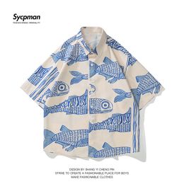 Men's Casual Shirts Oversized American Style Summer Fried Street Fashion Small Fish Print Personalized Mens Casual Shirts 230301
