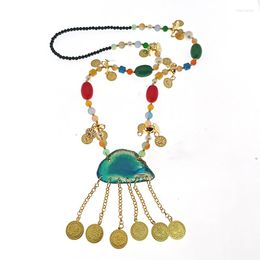 Chains Gold Plated Silver Coin Pendant Necklace Natural Stone Statement Jewellery Long Chain Layered Gothic