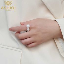 Cluster Rings ASHIQI Natural Freshwater Pearl 925 Sterling Silver Double Pearl Opening Adjustable Ring Jewellery Lady Gift G230228