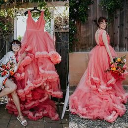 2023 Coral Pink A-line Wedding Dresses v-neck Ruffles Clound Skirt Train Outdoor Country Garden Bridal Gown Backless vestido de novia