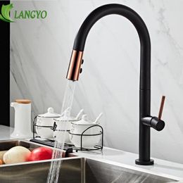 Kitchen Faucets LANGYO Black White Faucet 360Ronating Blackend Sink Tap Cold And Mixer Blackened Pull Out