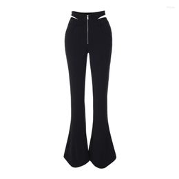 Women's Pants Women Sexy Cut Out High Waist Zipper Front Flare Long Harajuku Solid Color Slim Wide Leg Bell Bottom Trousers