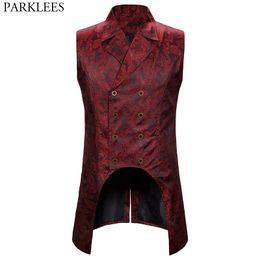 Men's Vests Wine Red Paisley Jacquard Long Vest Men Double Breasted Lapel Brocade Vest Waistcoat Mens Gothic Steampunk Sleeveless Tailcoat 230301