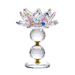 Decorative Objects Figurines 3 Size Crystal Glass Lotus Flower Candle Tea Light Holder Buddhist Candlestick Home Decoration 8 Colours Select 230228