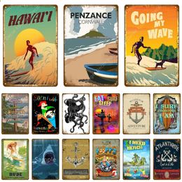 Summer Beach Surf Poster Vintage Metal Tin Sign Beach Landscape Poster Hawaii Party Art Painting Pub Bar Club Outdoor Home Decoration Man Cave Decor Size 30X20CM w01