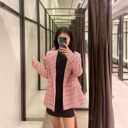 Women's Suits Pink Tweed Blazer Women 2023 Vintage Notch Collar Long Sleeve Pockets Fashion Jacket Plaid Casual Office Street Clothing