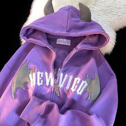 Womens Hoodies Sweatshirts Hip Hop Dark Bat Wing Devil Horn Gothic Zip Up Hoodie Jacket Men Women Oversized Sweatshirt Kawaii Clothes Harajuku Winter Y2K 230301