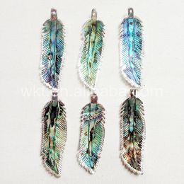 Charms WT-P816 Silver Feather Pendant Wholesale Natural Abalone Shell In Plated Fashion Charm Gift