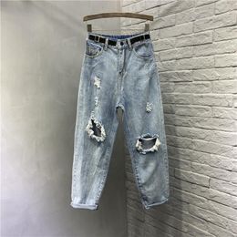 Women's Jeans 2023 Spring Summer Women Ripped Holes Loose Casual Plus Size High Waist Ankle Length Denim Harem Pants 3XL 4XL 5XL A415