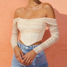 Women's T Shirts Solid Sexy Bustier Corset Top Off Shoulder Mesh Sleeve White Strapless Female T-shirts Tops Cropped Women Clothes