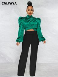 Womens Two Piece Pants CMYAYA Elegant Two 2 Piece Set Outfits for Women Satin Ruched Draped Blouse and Straight Pants Suit Autumn Winter Clothing 230228