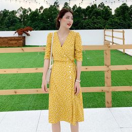 Party Dresses Summer Ladies French Retro Lantern Sleeve High Waist Break Skirt Yellow Sweet Romantic Fairy Button Dress