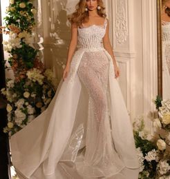 Sparkly Mermaid Wedding Dresses Sleeveless Bateau Straps Sexy Appliques Sequins Beaded Floor Length Detachable Train Pearls Diamodns Bridal Gowns abiti da sposa