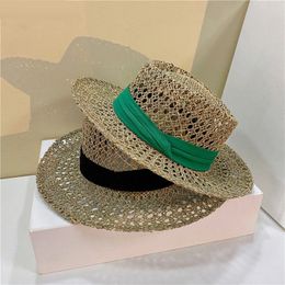 New Natural Grasses Straw Hats For Women Summer Flat Brim Beach Sun Hats Fashion Hollow Holiday Cap Chapeau Femme