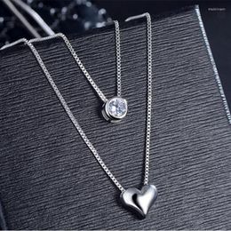 Chains 925 Sterling Silver Necklace Double Layer Chain Zircon Heart Pendants Necklaces For Women Kolye Choker