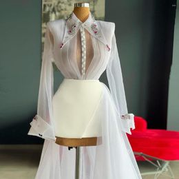 Party Dresses White Unique Chiffon Prom Dress High Neck Long Sleeves Crystals Hi-Lo Plus Size Women Evening Cocktail Elegant Gowns