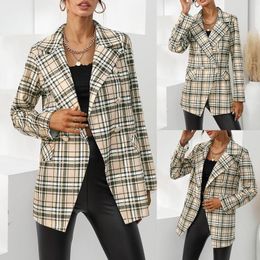 Women's Suits Women Long Winter Coat With Belt Women'S Autumn And Double Breasted Lapel Sleeved Plaid Blazer Fuzzy