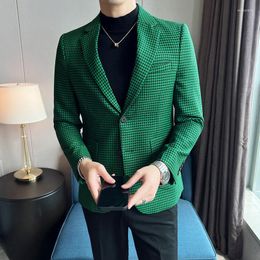 Men's Suits Vintage Elegant Houndstooth Green Blazers Fashion Stylish Mens Clothing Plaid Printed Gentleman British Style Jackets Slim