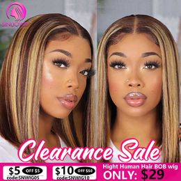 Synthetic Wigs Sinuowei 13x1 Highlight Short Bob Human Hair Wigs 8-16inch p Colour Honey Brown Transparent t Part Lace Front for Women 230227