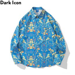 Men's Casual Shirts Dark Floral Full Printing Men's Shirt Long Sleeve Autumn Thin Material Man Blouse Blue White Z0224