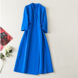Spring 3/4 Sleeve V Neck Blue Dress Solid Colour Panelled Buttons Mid-Calf Elegant XXL Plus Size Casual Dresses 21D161124