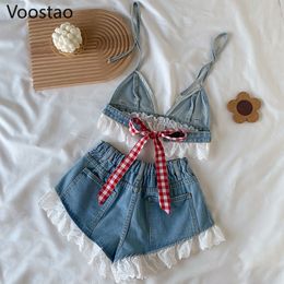 Women's Two Piece Pants Summer Sweet Lolita Style Denim Shorts Sets Girls Sexy Lace Bandage Camisole Crop Tops Ruffles Jeans Short Women 2PC Set 230228