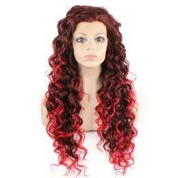 26" Extra Long Curly Lace Front Wig Auburn Tip-red Heat Friendly Synthetic Hair Wig