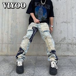 Men's Jeans Spring Y2K Vintage Ripped Clothes Fashion Trousers Cross Splicing Streetwear Straight Baggy Pants For Men 230301